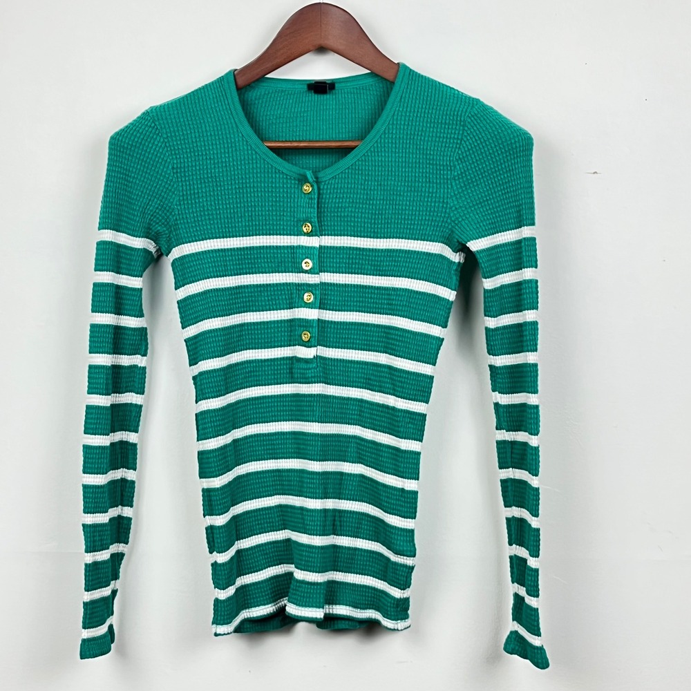 J.Crew Womens Green White Striped Waffle Knit Henley Top 28569 XS